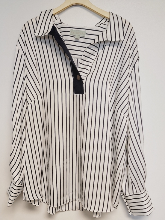 ryegrass Tops - Ryegrass NWT Womens Size 1X White/Navy Striped Button Collared V-Neck Long Slee